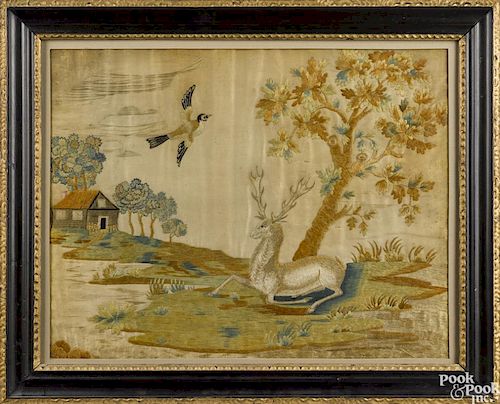 English silkwork landscape, early 19th c., depicting a stag in a pastoral setting