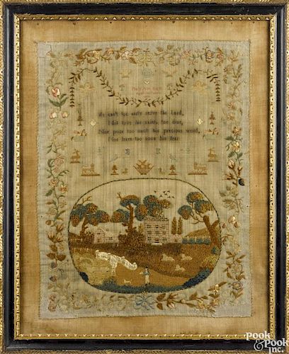 English silk on linen sampler, dated 1812, wrought by Mary Ann Hunt, 16 3/4'' x 12 3/4''.