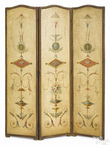 Continental oil on canvas three-part folding screen, late 19th c., with classical motifs