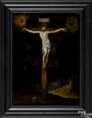 Continental oil on board of the crucifixion, late 18th c., 13'' x 9 1/2''.