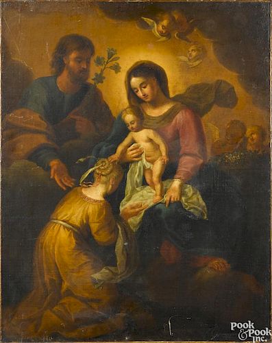 Continental oil on canvas of the Holy Family, 18th c., 31 1/2'' x 24 1/2''.