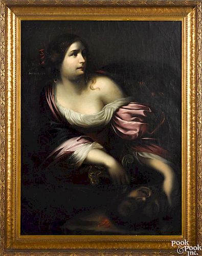 Continental oil on canvas, 19th c., of Judith with the head of Holofernes, 39 1/2'' x 29 1/2''.