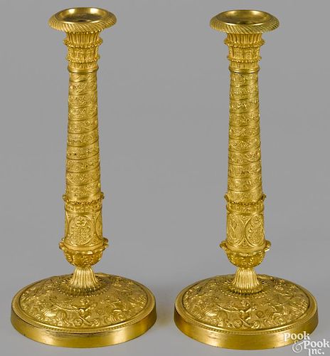 Pair of French gilt bronze candlesticks, late 19th c., 12 1/4'' h.
