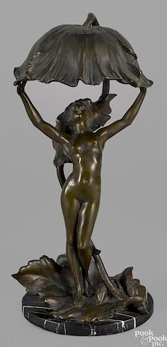 Anatole Guillot (French 1865-1911), art nouveau patinated bronze figural table lamp, 15'' h.