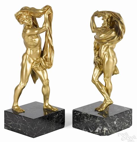 Pair of French gilt bronze male figures ca. 1900, 12'' h. Provenance: DeHoogh Gallery, Philadelphia