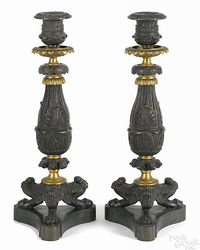 Pair of French Empire painted and gilt bronze candlesticks, late 19th c., 13 1/2'' h.