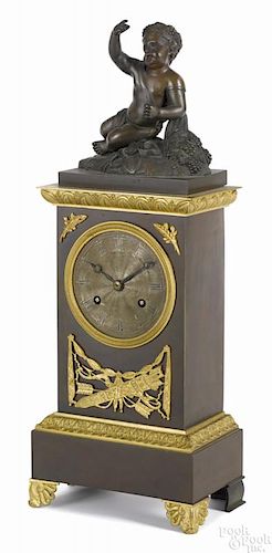 French bronze mantel clock, late 19th c., with a figural putto crest, 16 3/4'' h.