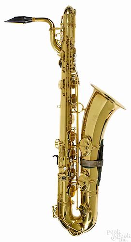 Selmer brass baritone saxophone, ca. 1983, serial #M 283858, with a Selmer mouthpiece