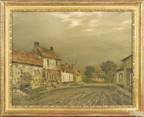 Jean Charles Cazin (French 1841-1901), oil on canvas village street scene in a gilded frame