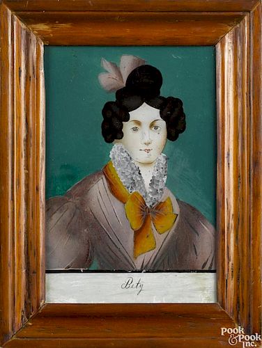 Three reverse-painted female portraits, 19th c., titled Bety, 8 1/4'' x 5 1/4'', Lisette