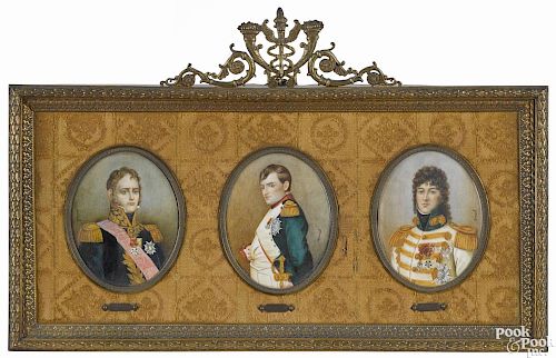 Set of three French miniature watercolor on ivory portraits, late 19th c., of Ney, Napoleon
