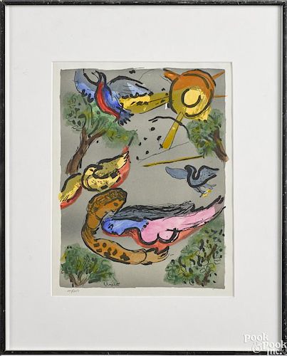 Marc Chagall (Russian/French 1887-1985), hand-colored lithograph depicting a man and a woman