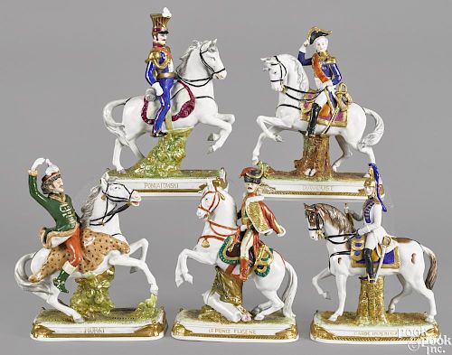 Five German porcelain Napoleonic figures, by Scheibe Alsbach, titled Murat, Poniatowski