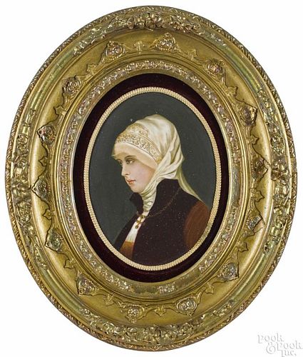 German painted porcelain plaque of a woman, late 19th c., signed verso L. C. Allen Dresden