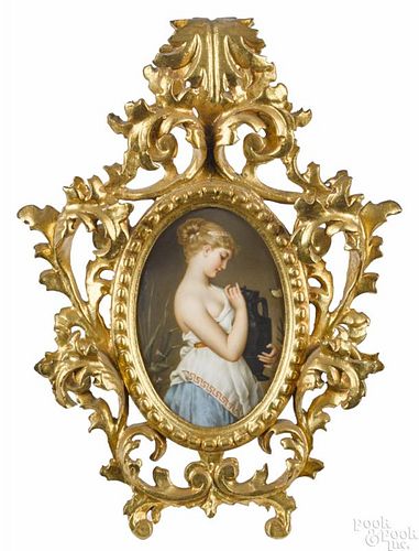 German painted porcelain plaque, 19th c., of a maiden with an urn, probably KPM, bearing a label