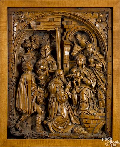 German relief carved plaque of the Holy Family, 18th c., 19'' x 15 1/4''