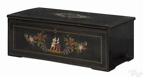 Metert & Langdorff, Genève Swiss rosewood inlaid cylinder music box, ca. 1850, 7 3/4'' h., 21'' w.