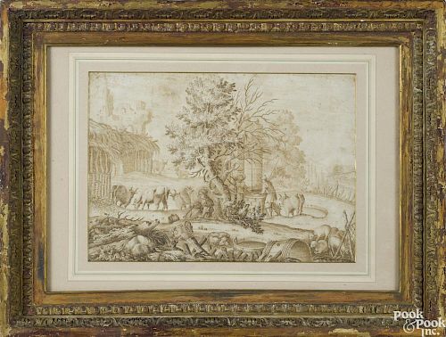 Italian Old Masters ink drawing, 17th c., of figures by a well, 10 1/2'' x 15''.