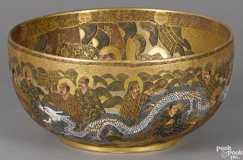 Japanese Satsuma bowl, ca. 1900, with extensive gilt decoration, 5 3/4'' h., 12'' dia.