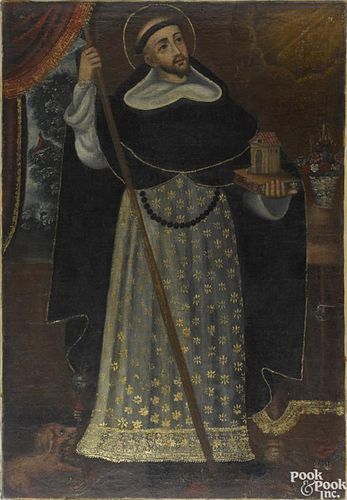 Spanish colonial oil on canvas portrait of a Saint, 18th c., 45 1/2'' x 31''.
