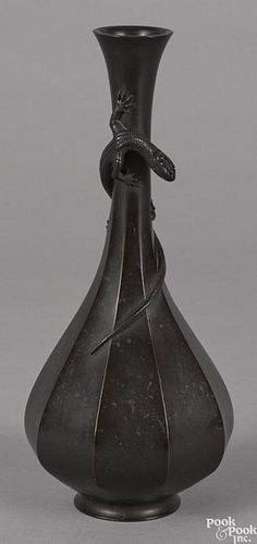 Japanese Meiji period patinated bronze vase with applied lizard, signed on base, 10 1/2'' h.