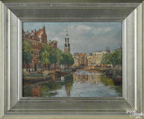 Dirk Johannes Van Haaren (Dutch 1878-1953), oil on panel canal scene, signed lower right