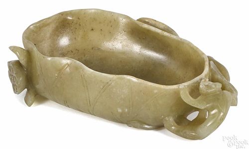 Chinese carved jade brush washer with lotus and monkey accents, 1 3/4'' h., 5 3/4'' w.