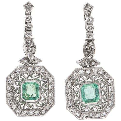 PAIR OF EARRINGS WITH EMERALDS AND DIAMONDS IN PALLADIUM SILVER 2 Octagonal cut emeralds ~2.0 ct and 62 8x8 cut diamonds ~1.10 ct