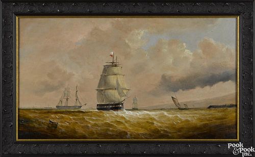 Continental oil on canvas seascape, 19th c., depicting sailing ships along a rocky coast