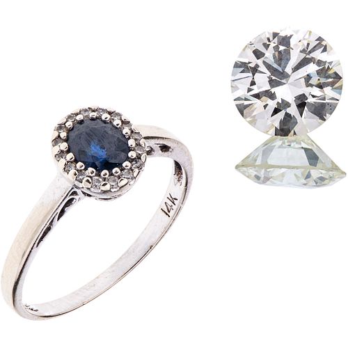 UNMOUNTED DIAMOND AND RING WITH SAPPHIRE AND DIAMONDS IN 14K WHITE GOLD  1 Diamond ~2.70 ct, 1 sapphire ~0.30 ct and 16 diamonds