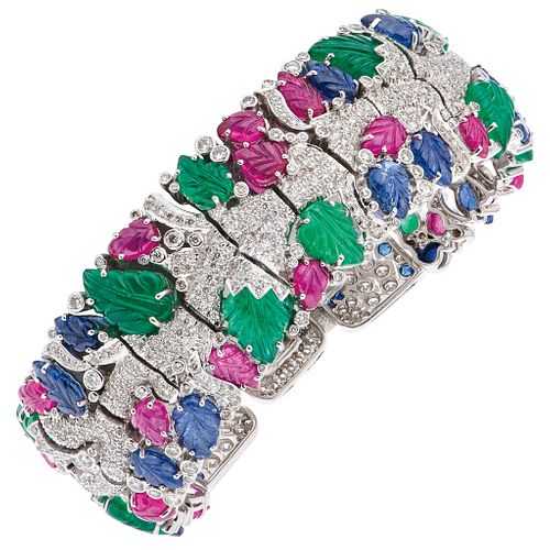 TUTTI FRUTTI BRACELET WITH RUBIES, SAPPHIRES, EMERALDS AND DIAMONDS IN 18K WHITE GOLD 74 Precious gems ~49.68 ct and diamonds