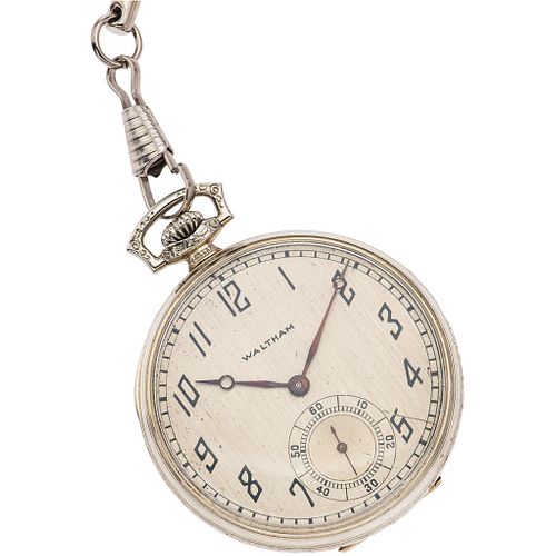 POCKET WATCH WALTHAM IN 14K WHITE GOLD AND ALBERT IN BASE METAL Movement: manual. Weight: 50.0 g
