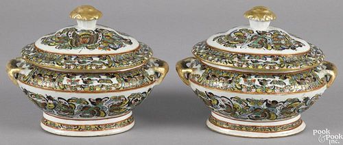 Pair of Chinese export porcelain thousand butterfly small tureens and covers, 19th c., 6'' h., 8'' w.