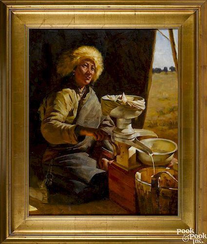 Jie Wei Zhou (Chinese/American 1962-), oil on canvas of a Mongolian woman working, signed