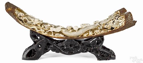 Chinese carved mammoth tusk decorated with animals of the Chinese Zodiac, 19 3/4'' l.