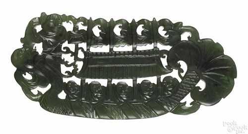 Chinese carved spinach jade dragon boat pendant, 3 1/8'' l.