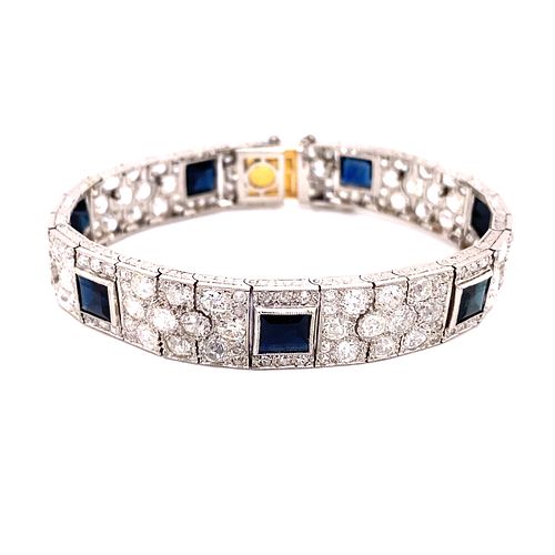 Art Deco Platinum Gold Diamonds & Sapphire Bracelet