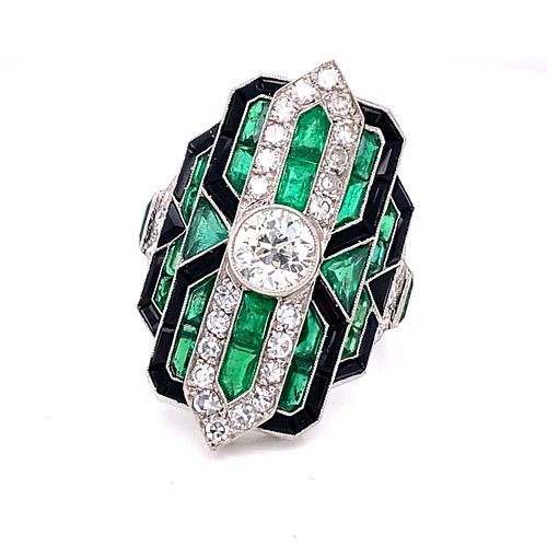 Platinum Emerald Diamond Onyx Ring