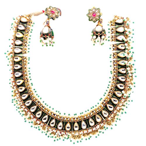 22k Victorian Indian Enamel Necklace & Earrings Set