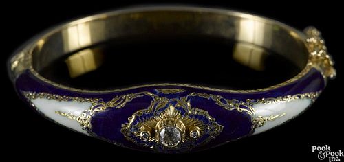 Gold, diamond, and enamel hinged bangle, yellow gold with white and cobalt enamel