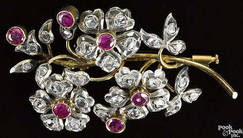 Diamond and ruby floral brooch, yellow gold and silver floral sprig, petals, and leaves