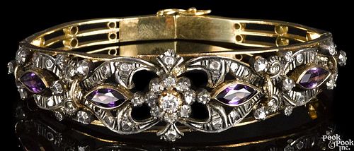 Gold, diamond, and amethyst hinged bangle, marked 19 ct. yellow gold