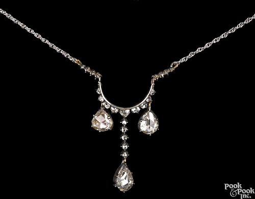 Gold and diamond drop necklace, yellow gold setting and later white gold chain