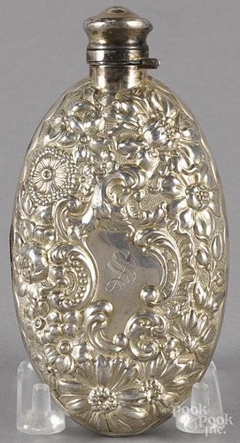 Dominick and Haff repoussé sterling silver flask, late 19th c., 5 3/8'' h., 3.2 ozt.