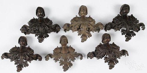 Set of six bronze architectural elements, 19th c., of knights in armor, 7'' h., 8'' w.