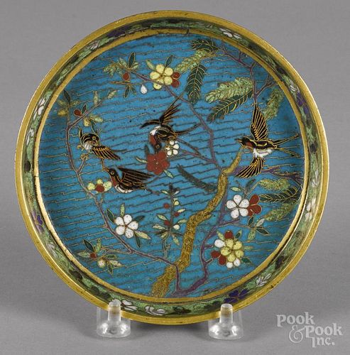 Chinese cloisonné dish with bird and floral decoration, 5 1/2'' dia.