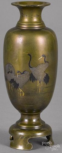 Japanese Meiji period inlaid bronze vase with crane decoration, 8 1/4'' h.