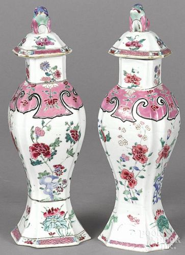 Chinese Qianlong period pair of famille rose covered garniture vases, 13'' h.