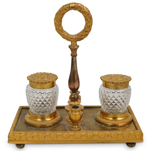 Antique Gilt Bronze and Glass Inkwell