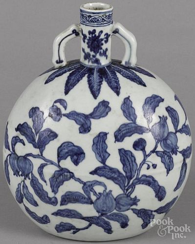 Chinese blue and white porcelain moon flask with pomegranate branches, 10 1/2'' h.